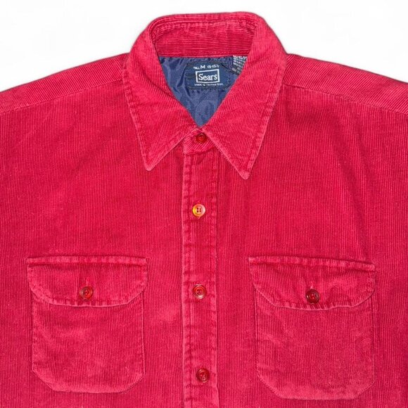 Vintage Sears 70s 80s Red Corduroy Button-Up Quilted Lined Long Sleeve Shirt Med - Picture 2 of 8